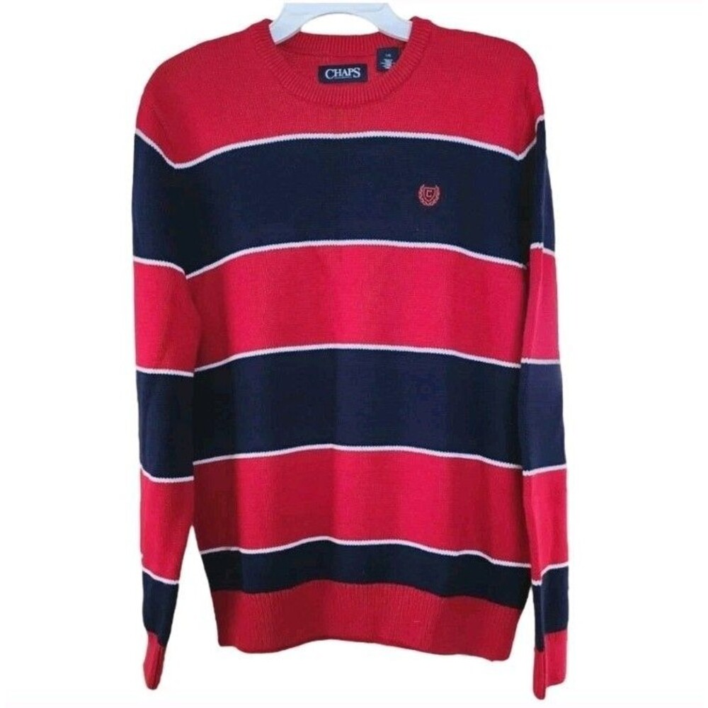 Chaps Men's Large Red Navy Stripe Cotton Crewneck‎ Sweater Preppy Classic Knit